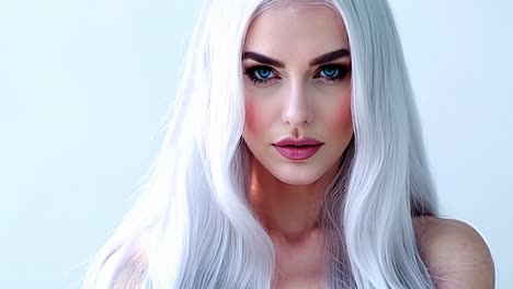 mujer elegante con cabello blanco largo y ojos azules