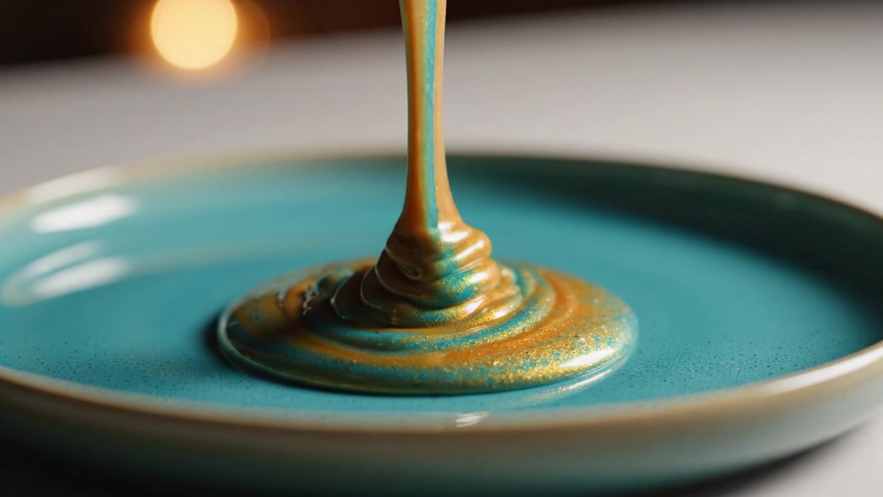 Hypnotiserende drypp av glitrende maling: Kunsten av flytende bevegelse på en levende turkis tallerken fanget i fantastisk detalj og rik fargekontrast