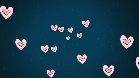 animation of pink hearts moving over snow falling on blue background