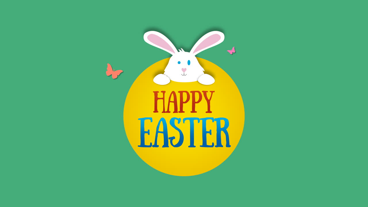 Primo piano animato del testo Buona Pasqua e coniglio su sfondo verde