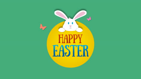 Primer-Plano-Animado-Feliz-Pascua-Texto-Y-Conejo-Sobre-Fondo-Verde