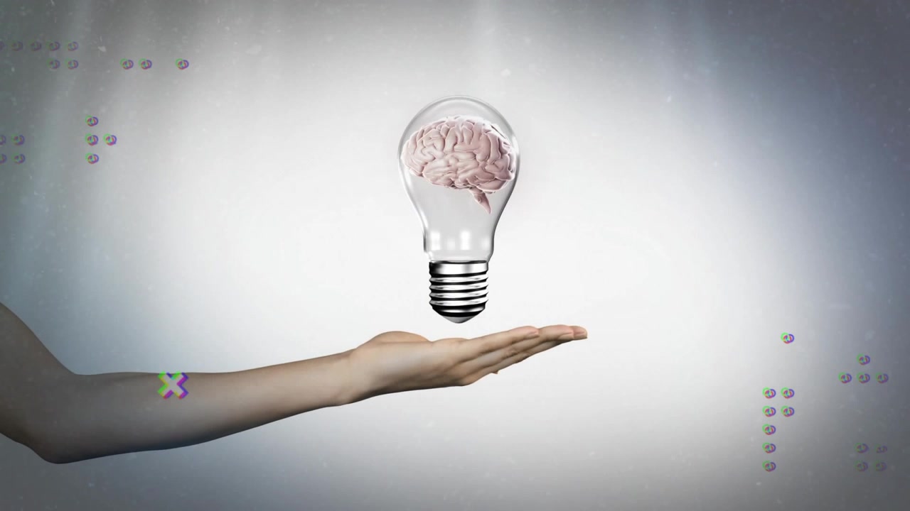 Avambraccio che entra, lampadina a forma di cervello che fluttua sopra il palmo e punti glitch che si spostano visualizzando un concetto