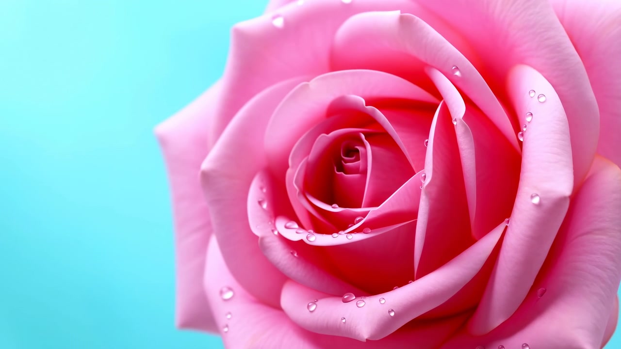 Sequenza di fioritura di una rosa rosa, su sfondo blu, con petali dalla texture di goccioline d'acqua, da una prospettiva ravvicinata, con accenti rosa e blu, e un'atmosfera elegante e serena, dettaglio nitido.