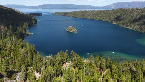 drone shot of fannette island and landscape in emerald bay of lake tahoe, california usa on sunny summer day
