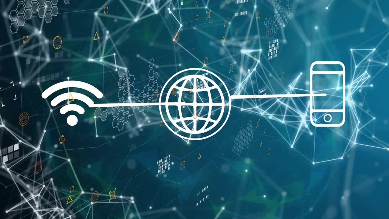 On start white WiFi globe phone icons staying centered while nodes drifting pulsing showing data