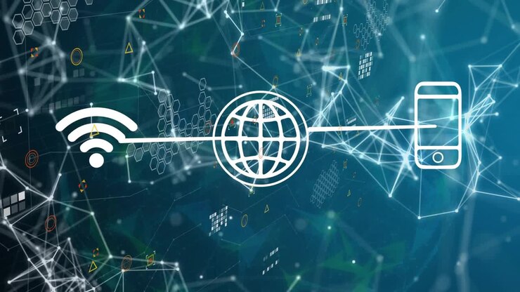 On start white WiFi globe phone icons staying centered while nodes drifting pulsing showing data