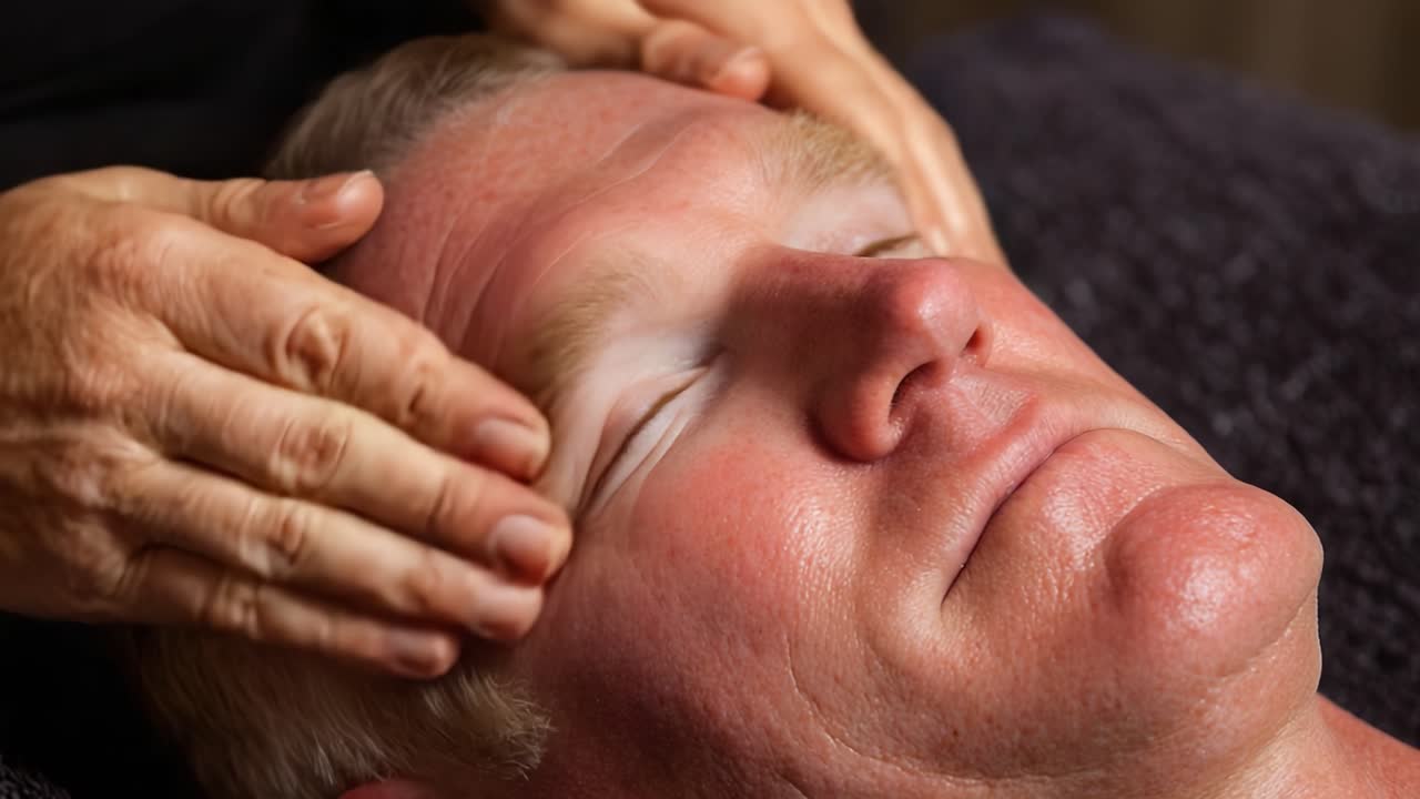 Afslapning og foryngelse: Et individ nyder en beroligende ansigtsmassage designet til at lindre stress og fremme velvære