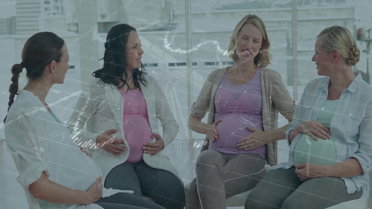 Four expectant mothers sharing prenatal health tips with floating heart icons and growth chart
