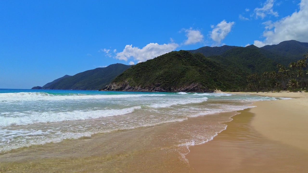 Panoramic view of the expansive beach at Choroni, with gentle waves and crystal-clear waters, and lush mountains in the background, Aragua, Venezuela