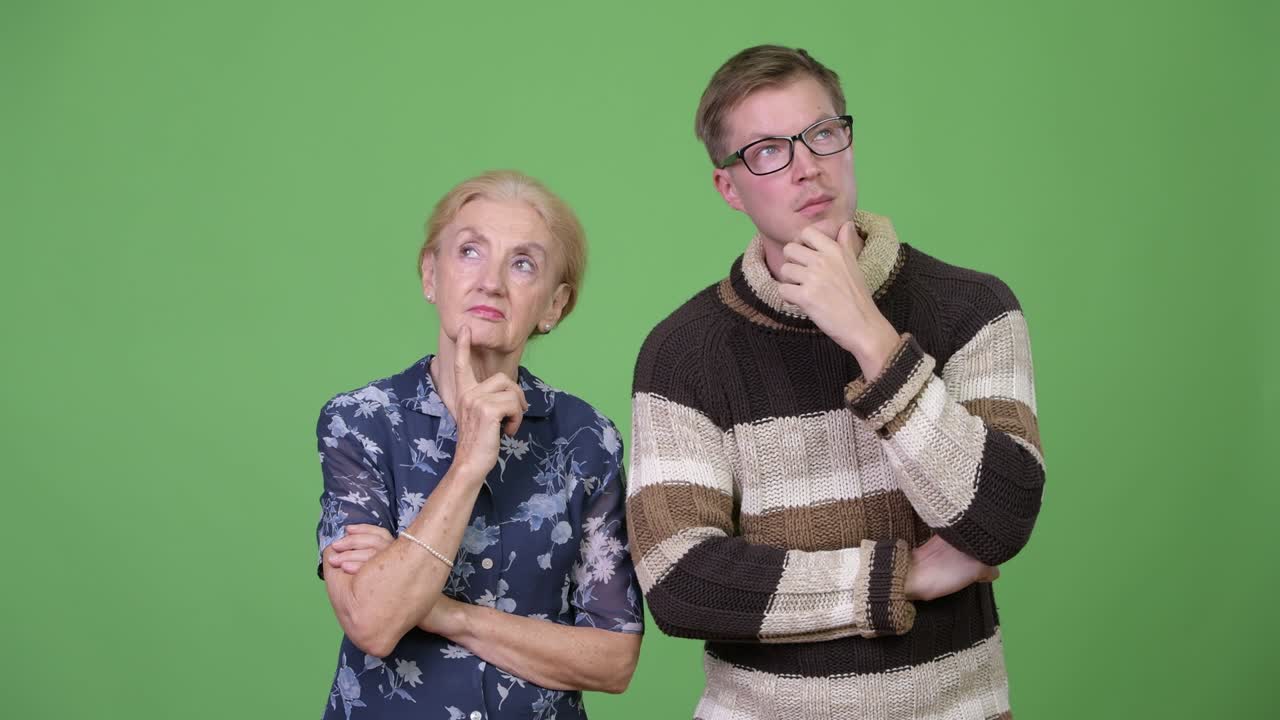 Grandmother and grandson thinking together