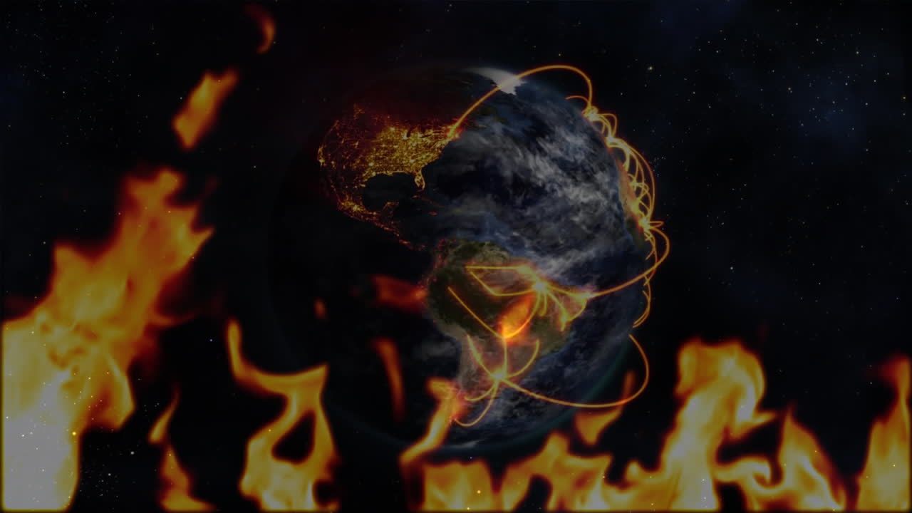 노란 불꽃 을 가진 회전 하는 지구