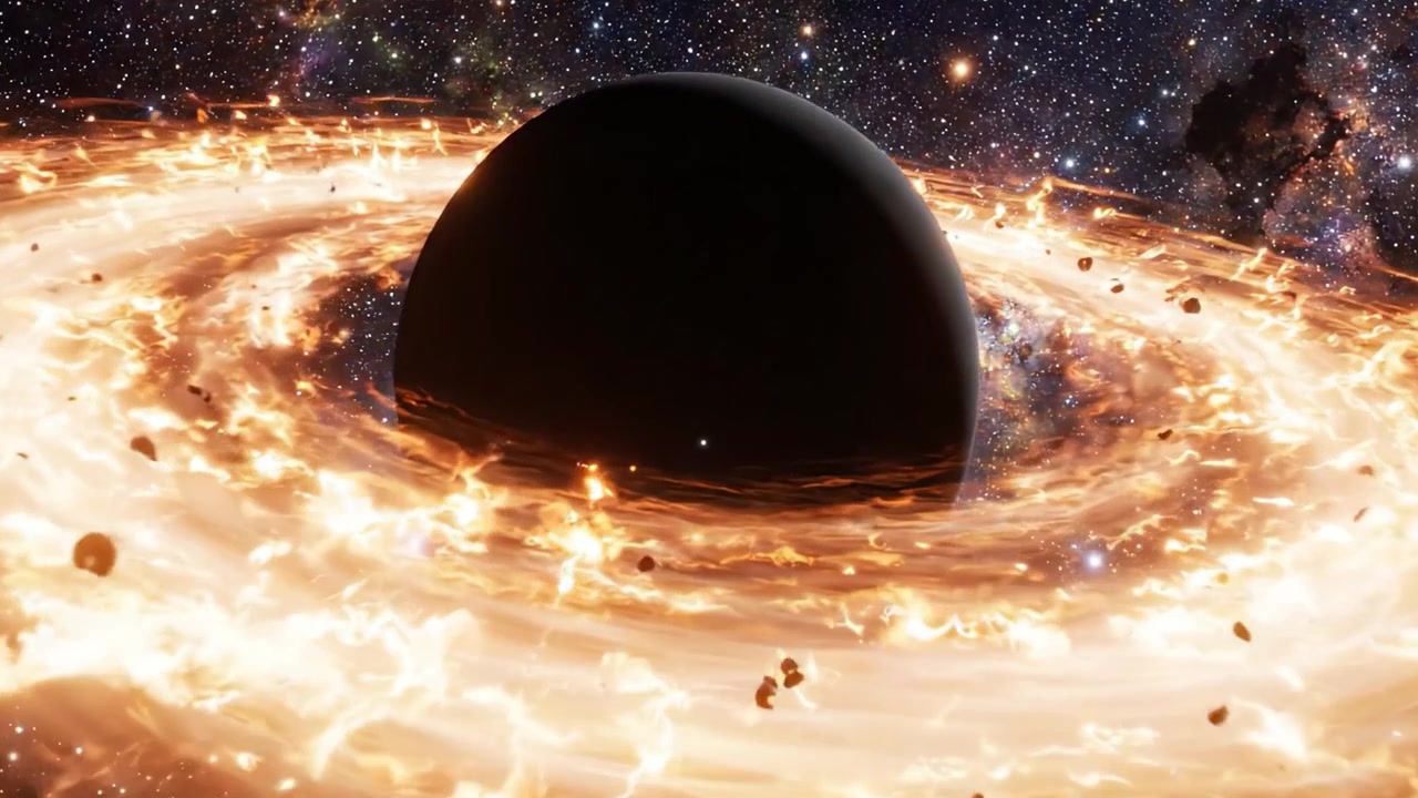 Et fængslende sort hul omgivet af en glødende akkretionsskive, sat mod en fantastisk kosmisk baggrund af stjerner og tåger, der illustrerer universets undere