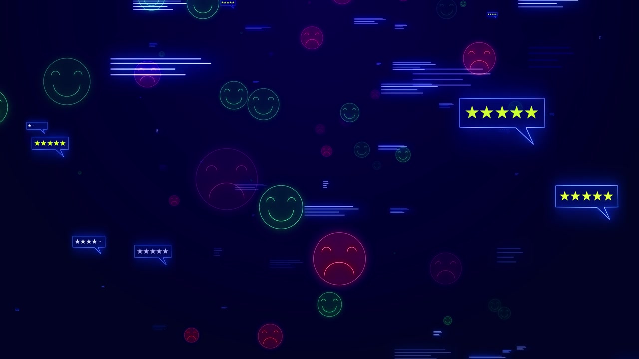 Neon reaction icons float through a deep blue space with comment panels rating stars and mixed happy