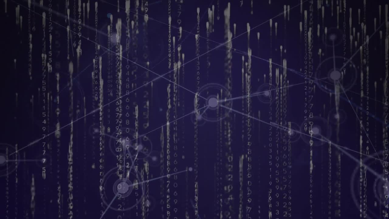 Animation of network of connections and data processing on dark background