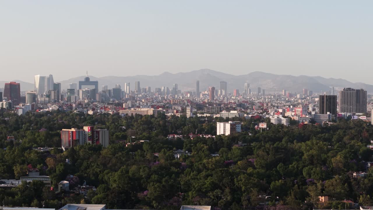 Sunset in CDMX buildings with a parallax effect captured by a drone