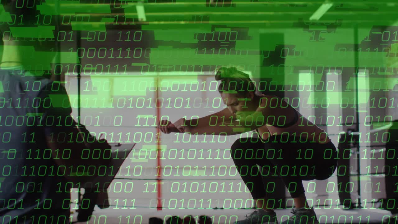 Female athlete tightening wrist wraps and warming up in boxing with jumps jabs under binary overlay