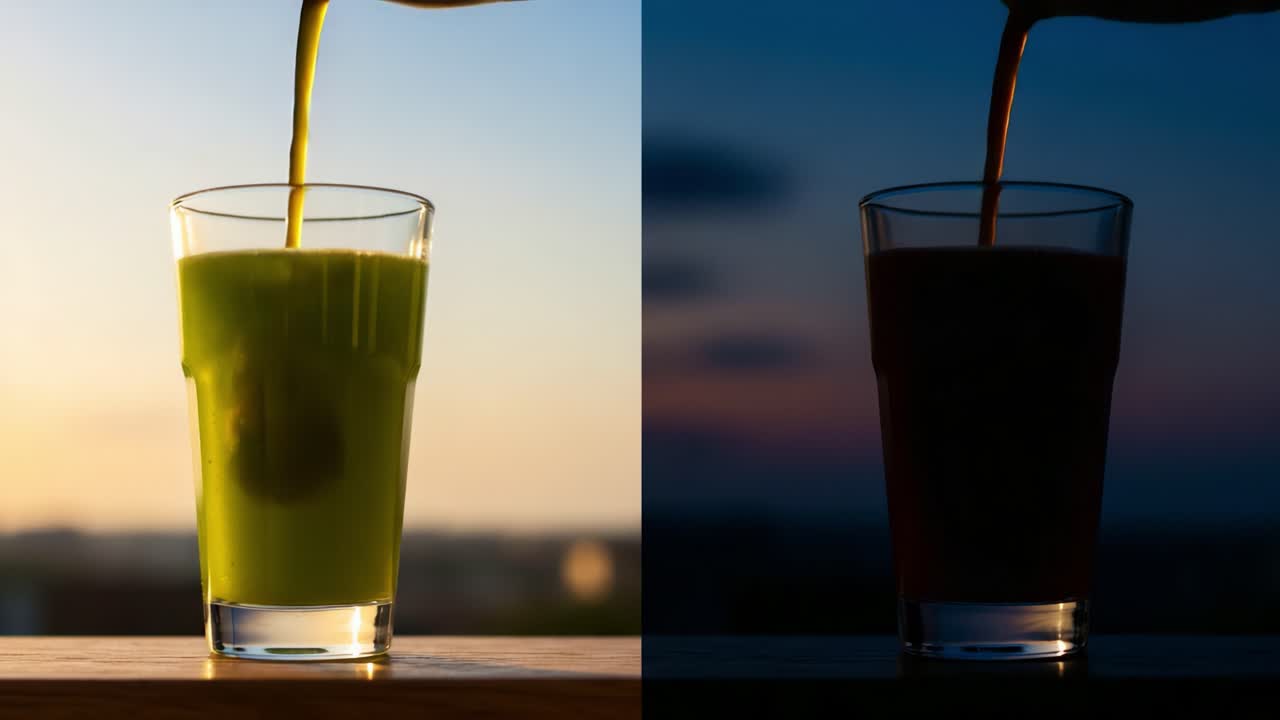 Contrast of Colors: A Visual Journey Through Day and Night Captured in Refreshing Drinks, Showcasing Green and Dark Shades in Beautiful Glasses Against Vivid Backgrounds