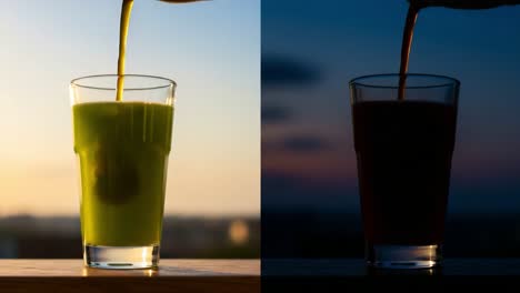 contrast of colors: a visual journey through day and night captured in refreshing drinks, showcasing green and dark shades in beautiful glasses against vivid backgrounds