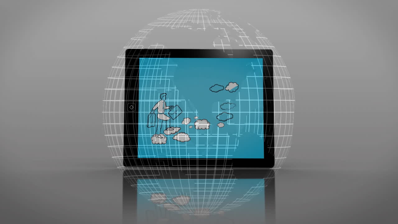 Tablet displaying businessperson walking on clouds with digital globe animation surrounding