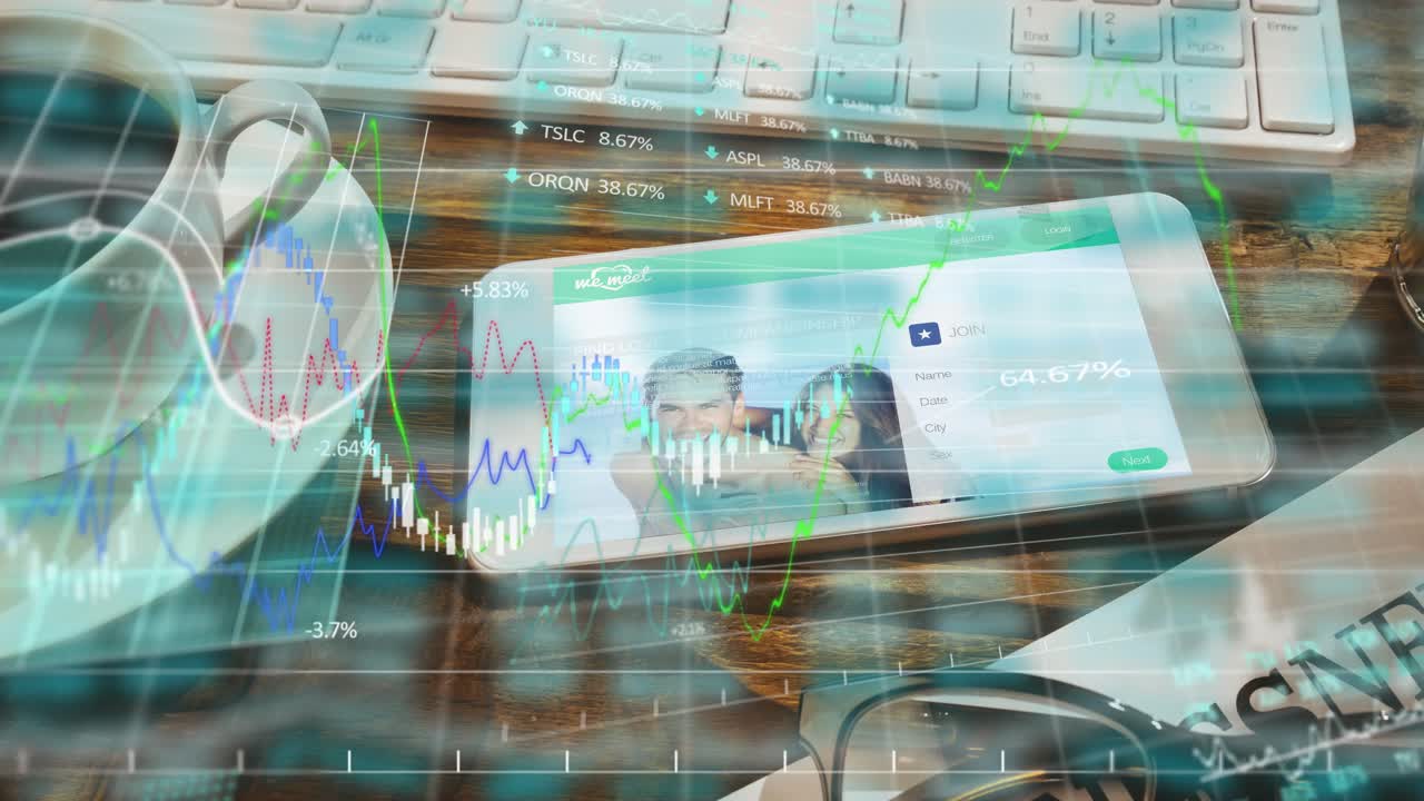 Smartphone che mostra una foto di coppia come feed di mercato, con grafici azionari che iniziano a scorrere sullo schermo e poi svaniscono.