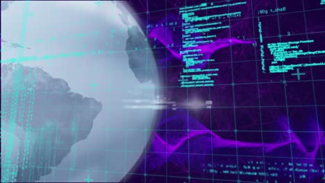 Animation of violet digital screen with data and globe