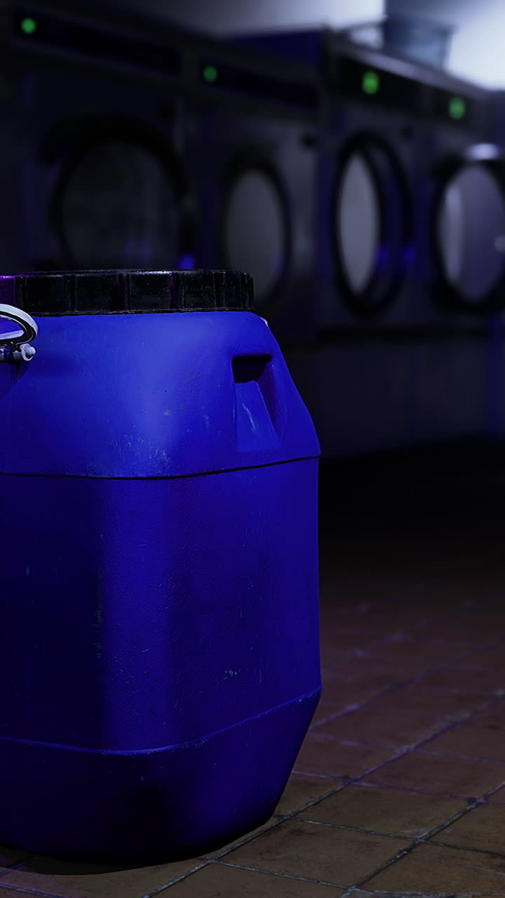 Dark blue container in a dimly lit laundry room with washing machines