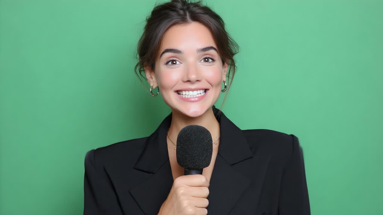 Exciting Moments Captured: A Young Woman with a Microphone Expressing Surprise and Joy Against a Bright Green Background