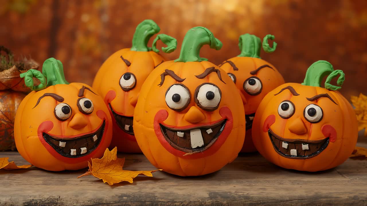 Showing five clay jack-o'-lanterns with green stems on table with maple leaves against fall foliage