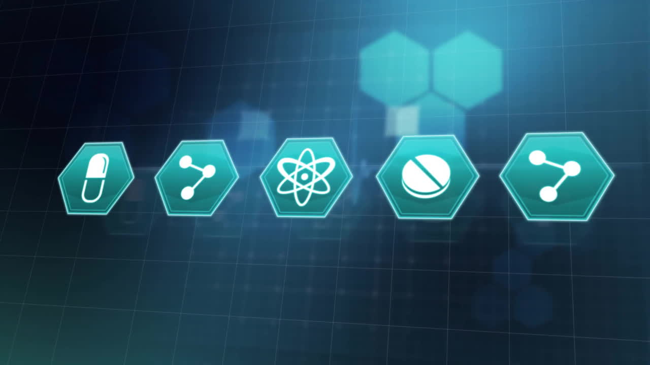 Animation of medical icons over cardiograph and moving hexagons on black background