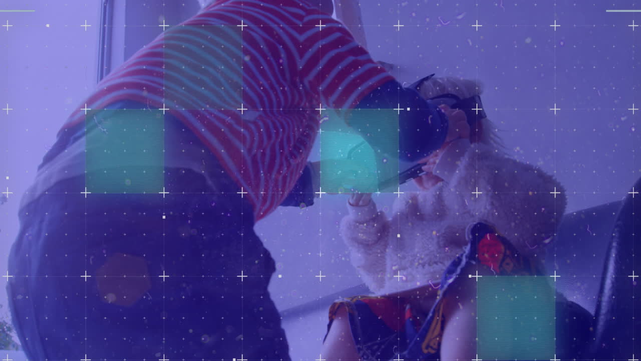 집에서 그의 여동생에 vr 헤드 ⁇ 을 착용하는 백인 형제에 대한 그리드 네트워크에 대한 빛의 흔적