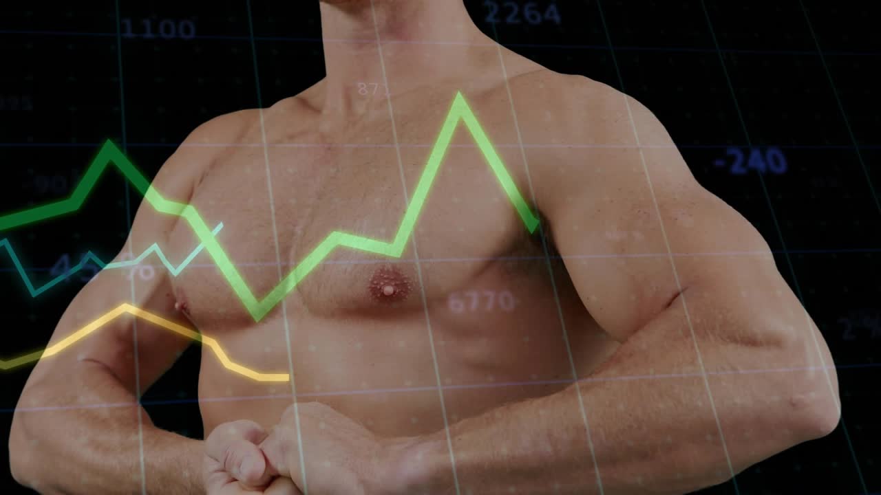 Modelo masculino em pose de flexão, com um feed de dados começando a animar gráficos de ações sobre o tronco, exibindo dados.
