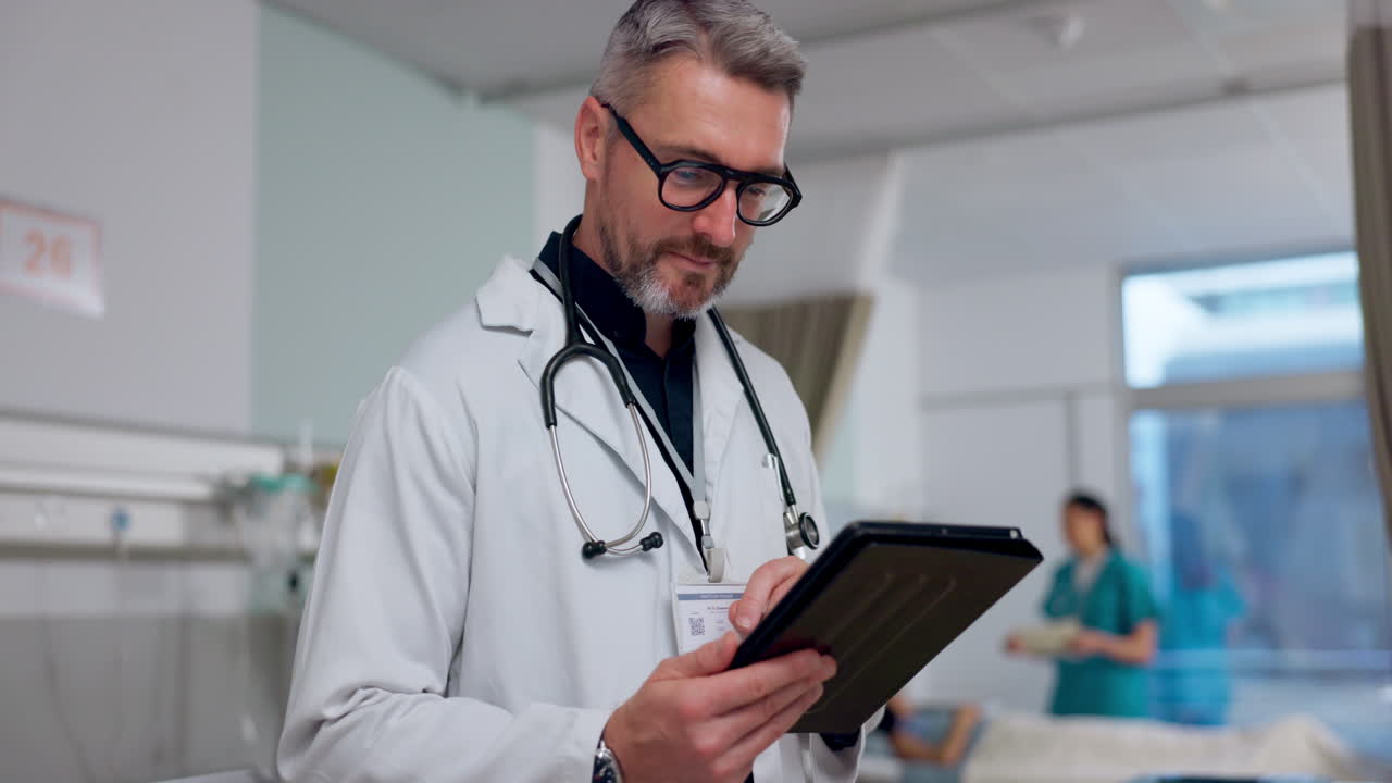 Man, doctor and tablet in research for medical