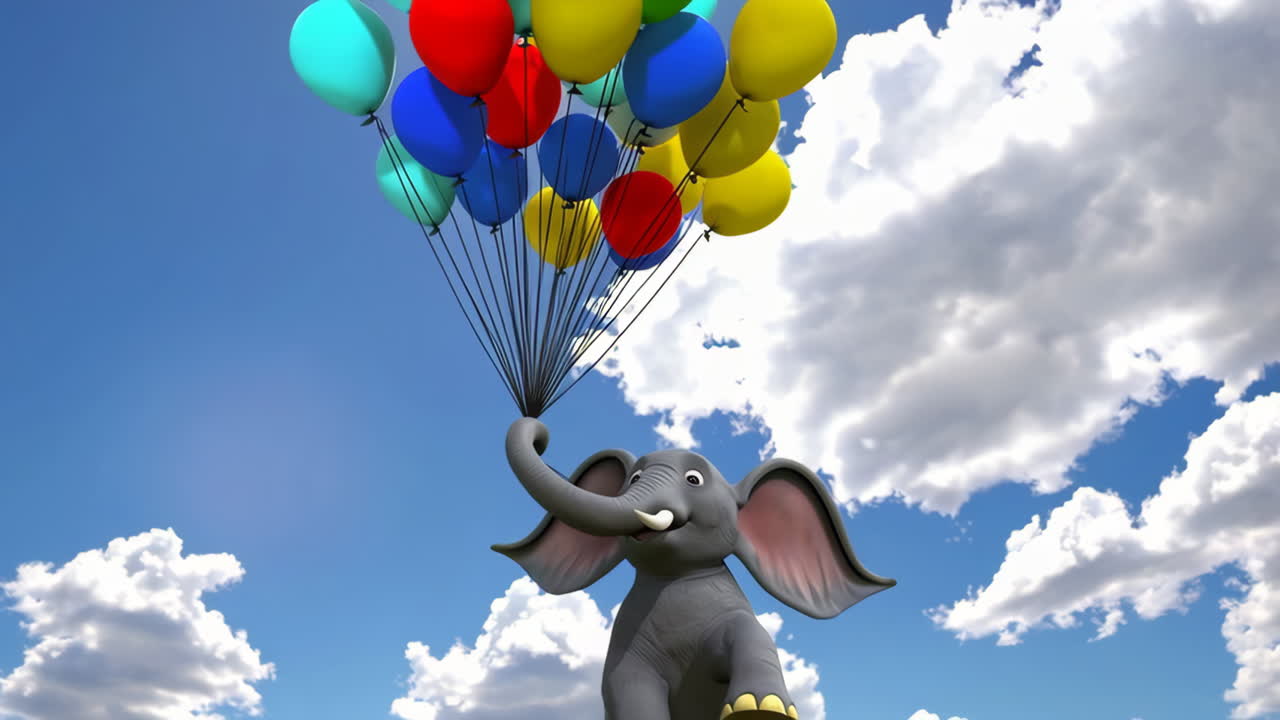 Cartoon Elephant Flying with Colorful Balloons in the Sky