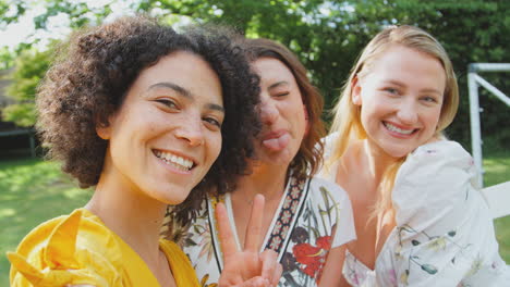 pov shot of three female friends taking selfie on mobile phone eating meal outdoors