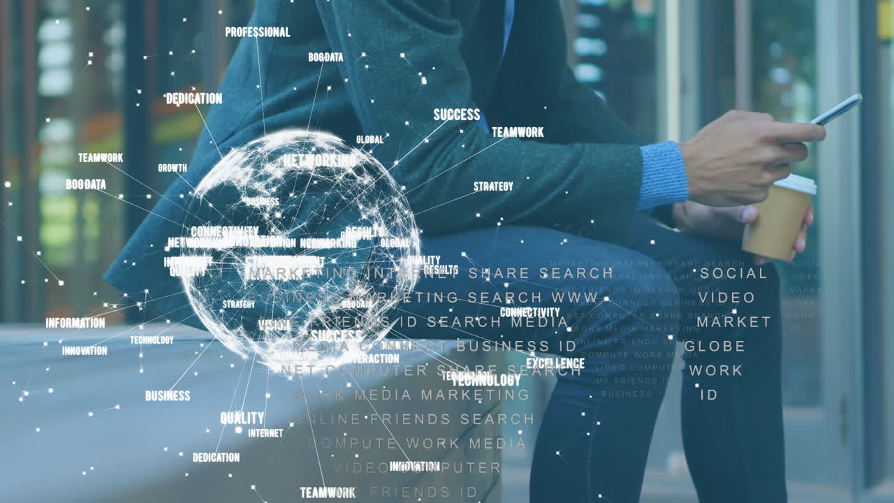 스마트 폰을 사용하는 코카서스 사업가에 대한 데이터 처리 및 지구촌의 애니메이션