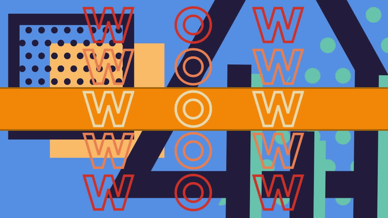 Animation of wow text banner over abstract colorful shapes against blue background