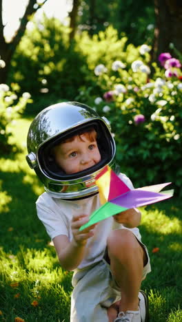 a young child in an astronaut helmet plays with a colorful paper airplane in a sunny garden