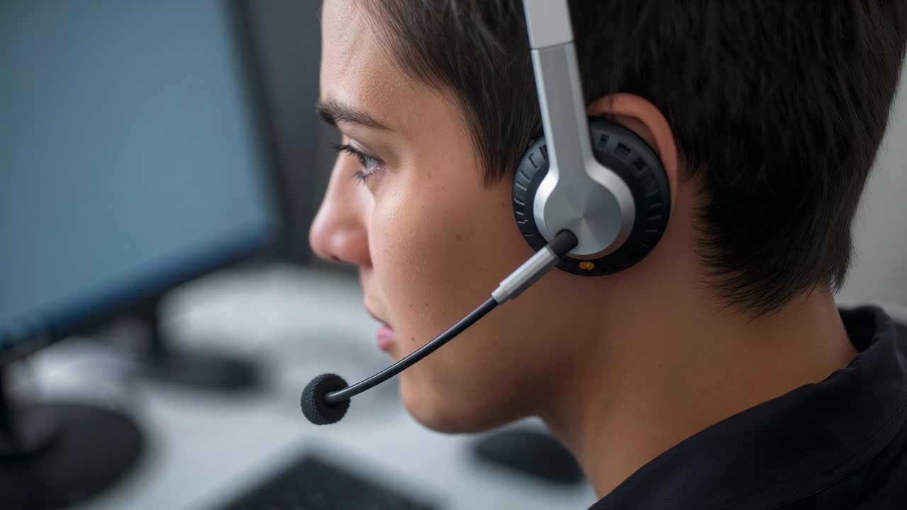 Tenåring som lytter og svarer på et anrop, snakker i sølvfarget headset-mikrofon ved et skrivebord, iført mørk skjorte