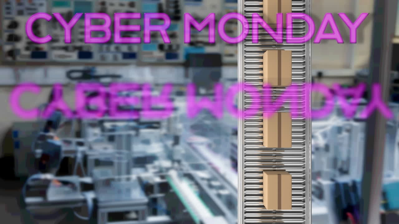 neon rosa cyber lunes pancarta de texto sobre varias cajas de entrega en la cinta transportadora contra la fábrica