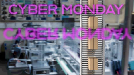 Banner-De-Texto-De-Cyber-Monday-Rosa-Neón-Sobre-Múltiples-Cajas-De-Entrega-En-Cinta-Transportadora-Contra-Fábrica