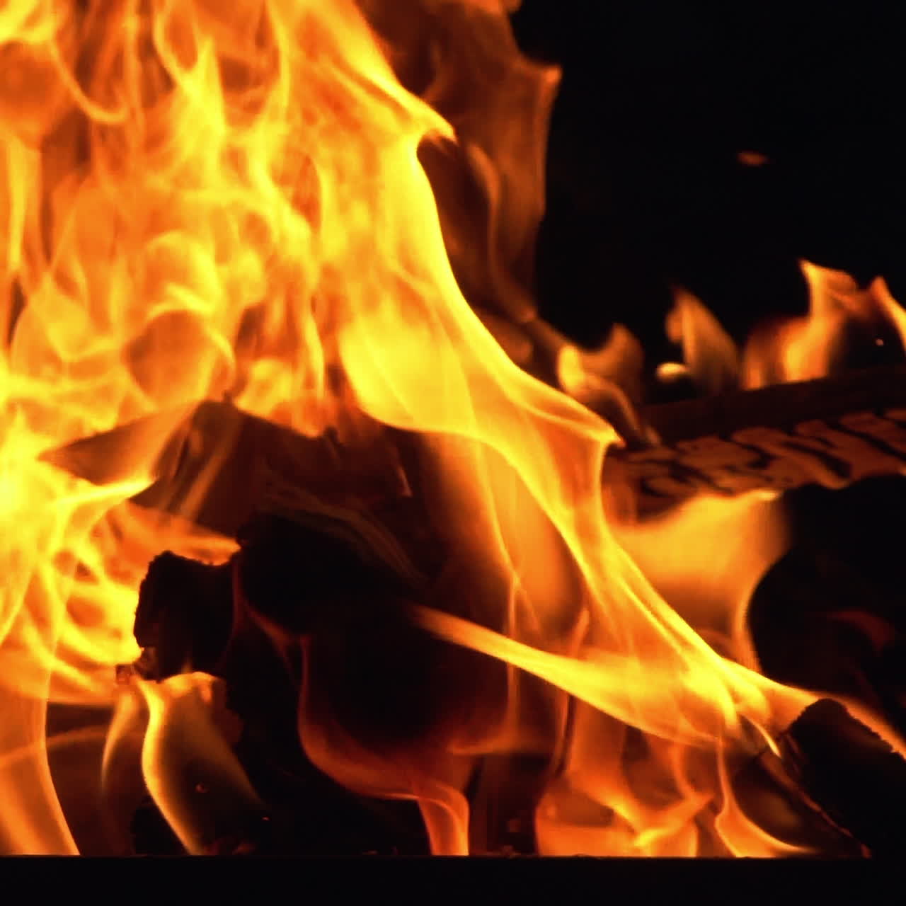 Burning Wood. Fire flames on a black background. Bonfire. Slow motion