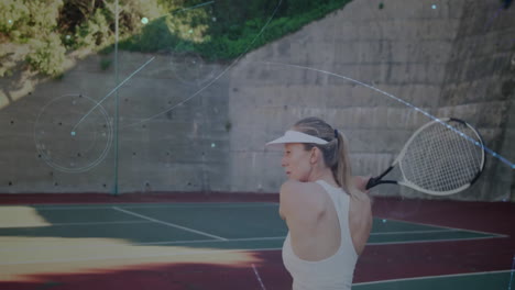 female tennis player swinging backhand with racket on sports court showing animated speed gauge