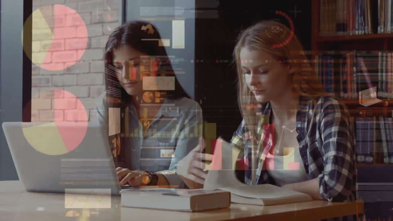 animación de estadísticas y procesamiento de datos sobre estudiantes femeninas que usan computadoras portátiles para estudiar