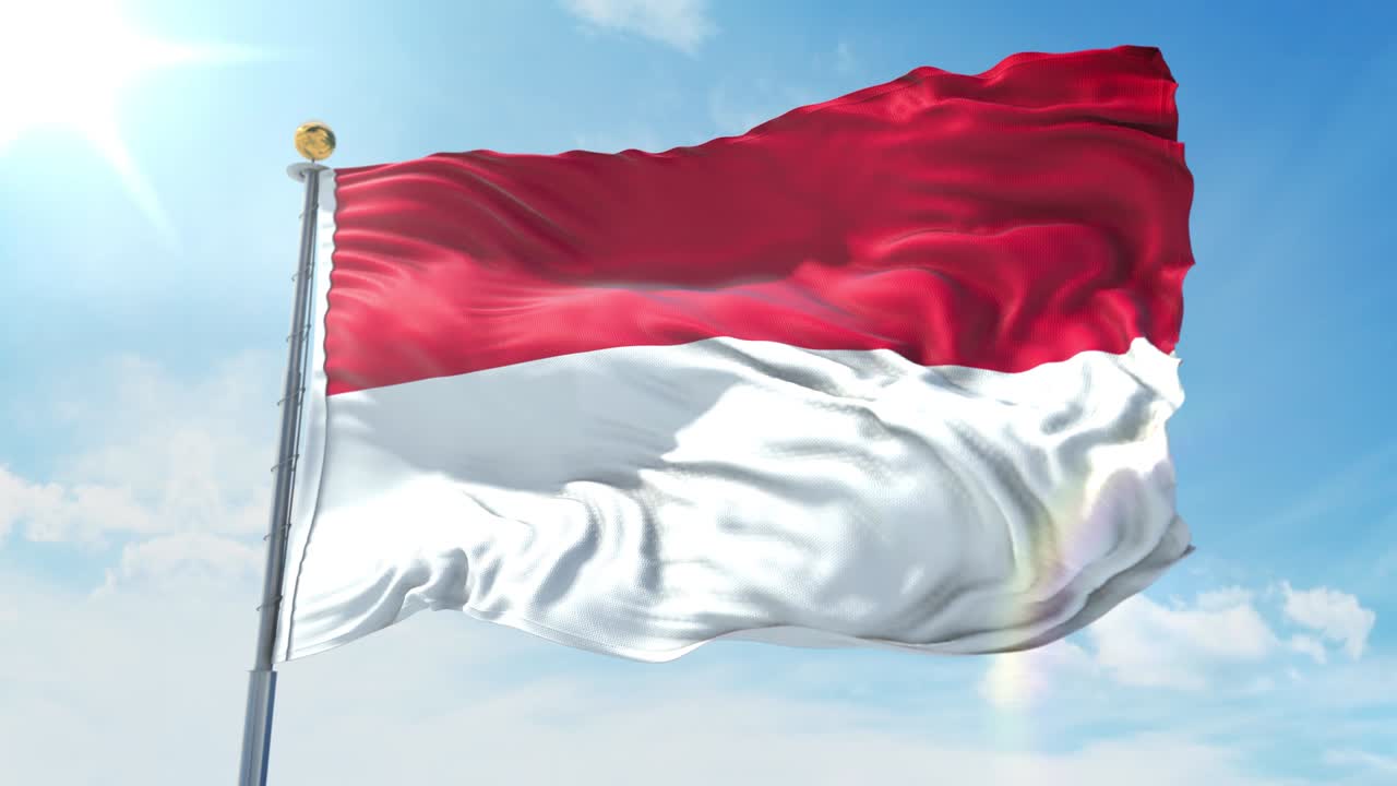 la bandera de mónaco ondeando en el viento contra el cielo azul profundo. tema nacional, concepto internacional. renderizado en 3d en bucle sin costuras 4k