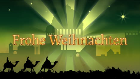 Animation-of-frohe-wihnachten-text-over-three-wise-men-on-green-background