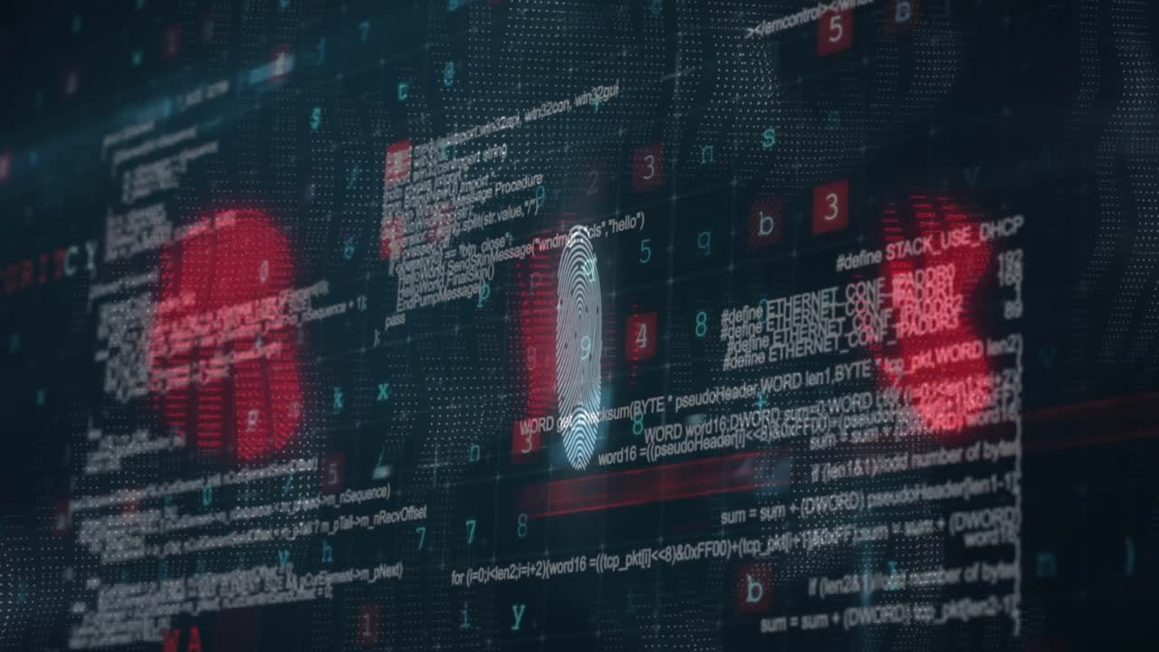 animación del procesamiento de datos y huellas dactilares sobre fondo oscuro