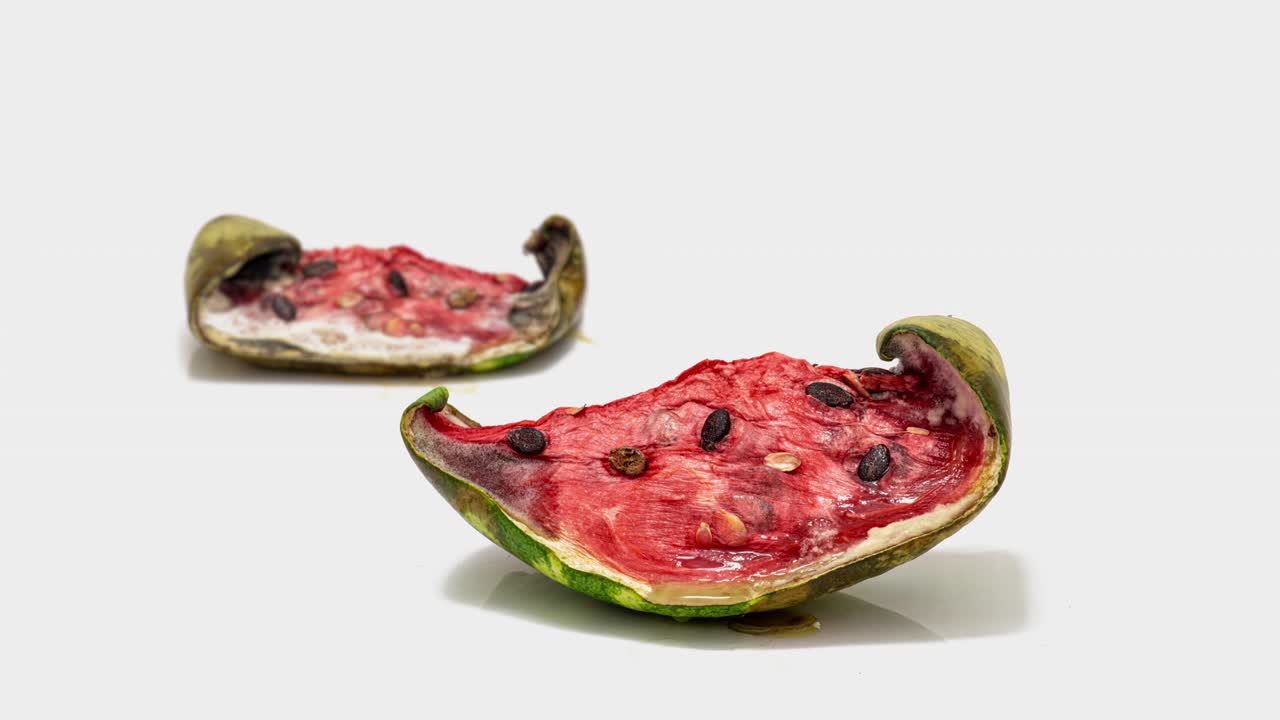 색 배경에서 은 수박이 어가는 조각, 느린 동작, 교육적 인지 비디오, 시간 반전 루프 비디오