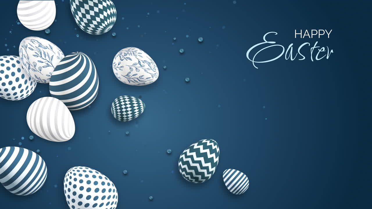 Happy Easter. Blue animated background with Easter eggs with painted patterns. Looped 3D video. Festive spring card.