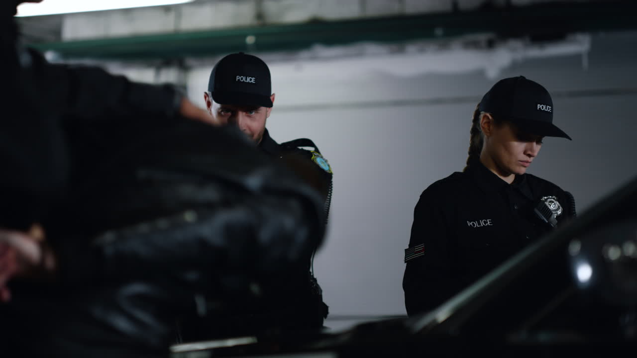 駐車場で犯罪者を逮捕する警察官