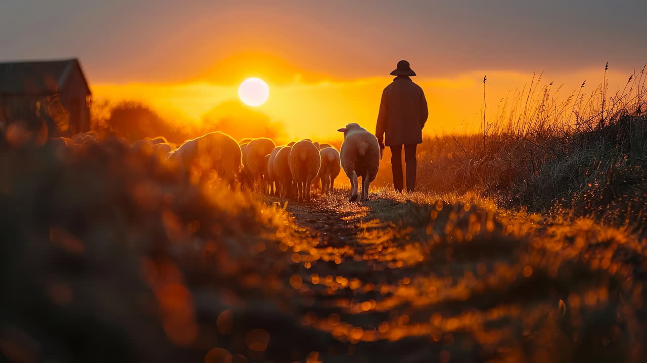 Sheep walk at sunset on trail. A farmer guides a flock of sheep down a path at sunset, surrounded by the glow of evening light